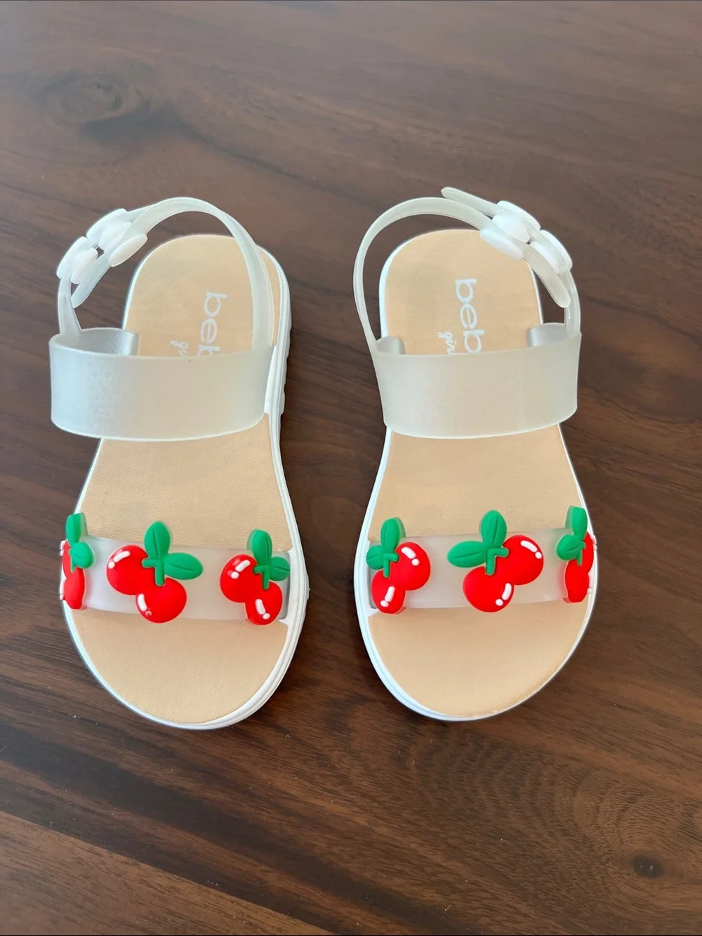 bebe White Jelly Sandals with Red Cherry Accents, Toddler 5/6